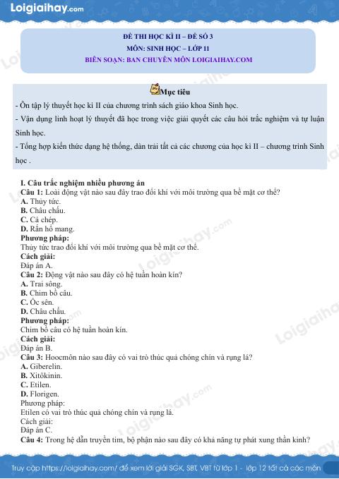 Đề thi học kì 2 Sinh 11 Kết nối tri thức - Đề số 3